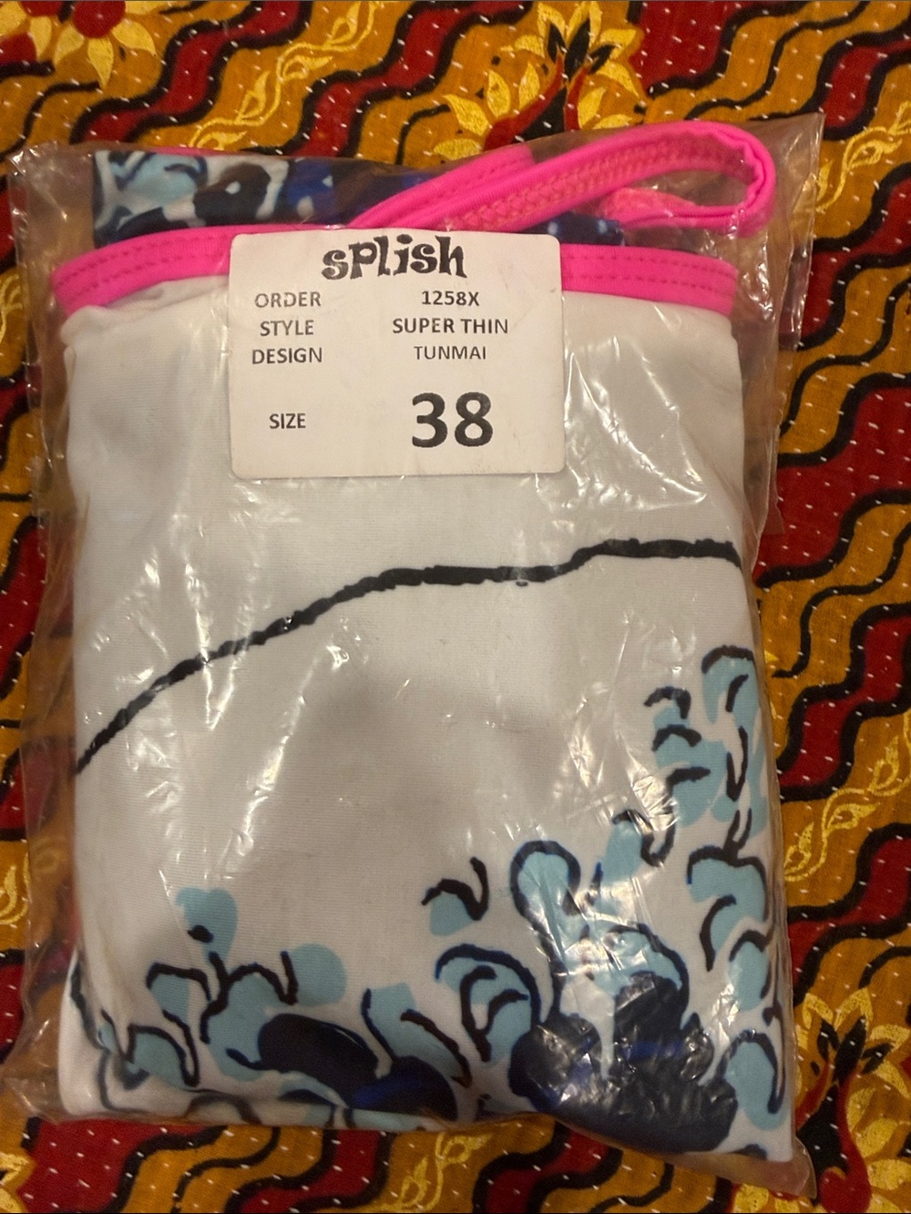 White One-Piece Swimsuit with Blue Wave Print and Pink Trim